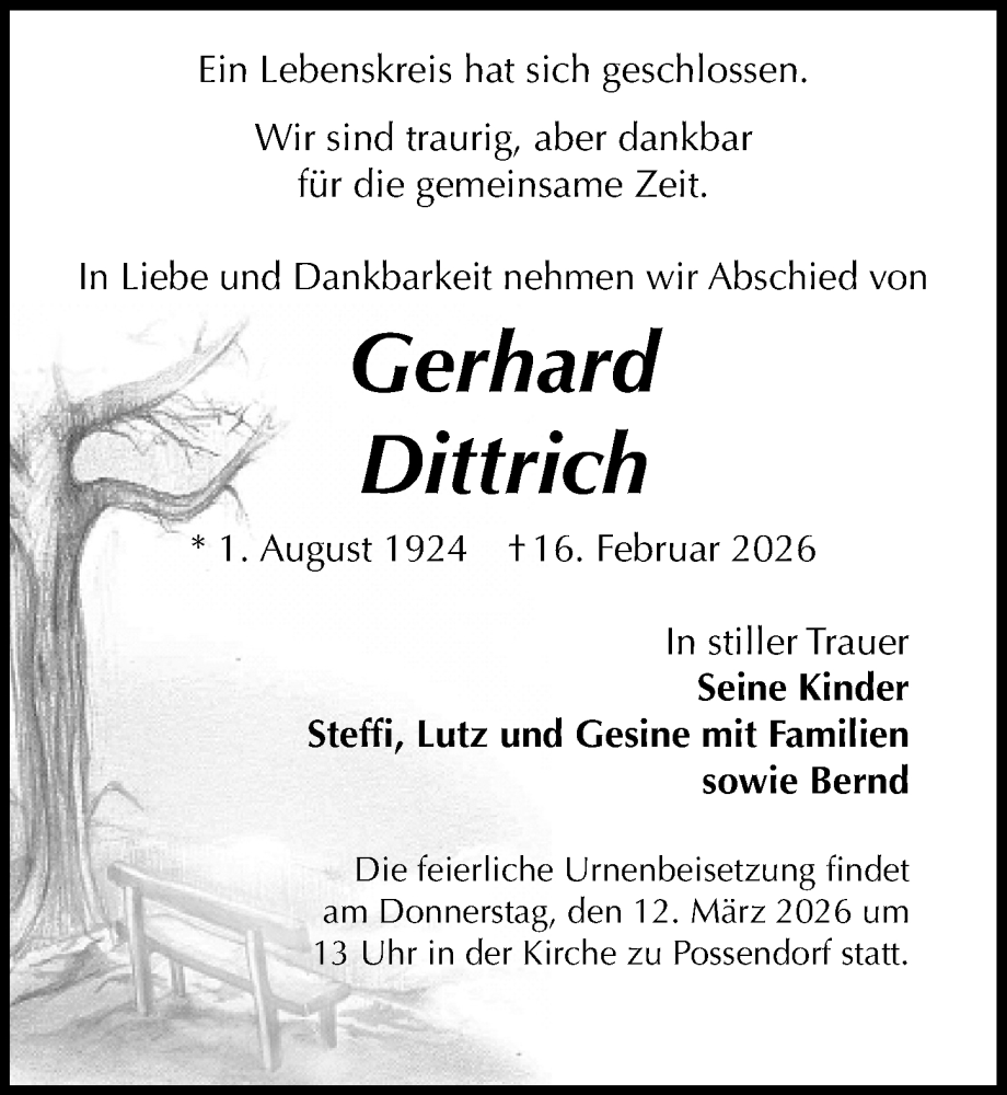  Traueranzeige für Gerhard Dittrich vom 21.02.2026 aus Sächsische Zeitung
