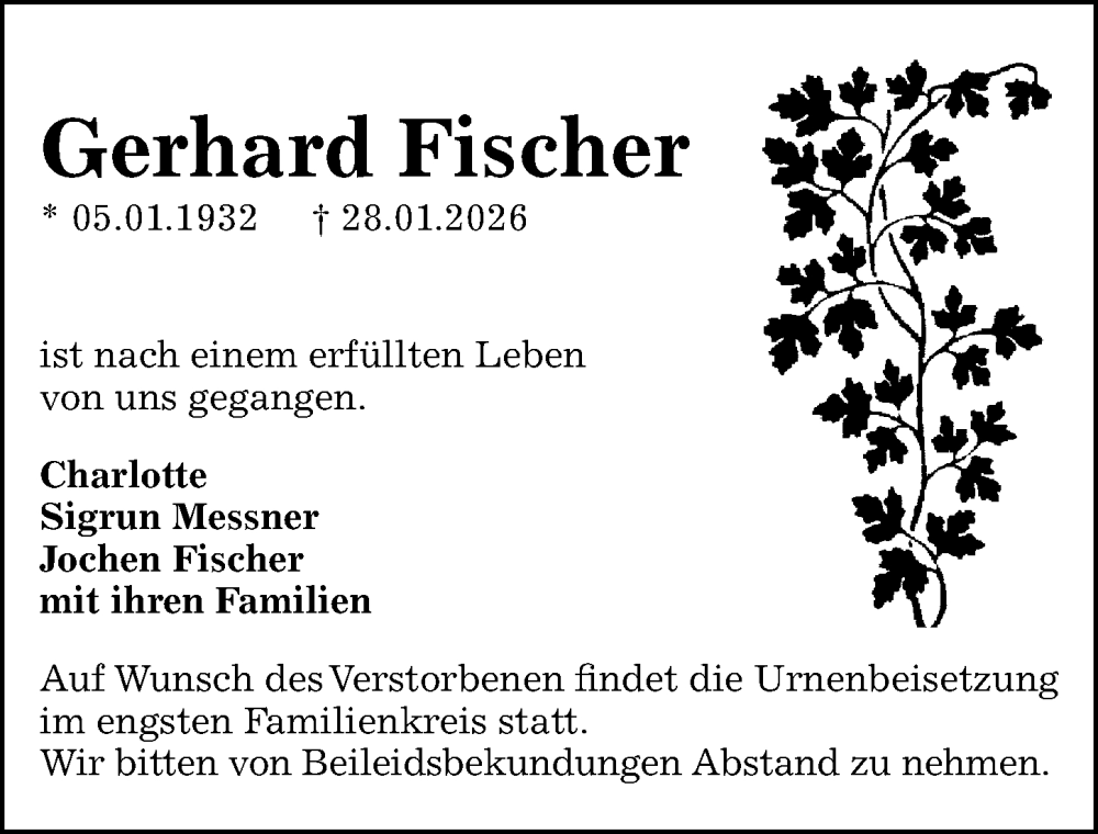  Traueranzeige für Gerhard Fischer vom 07.02.2026 aus Sächsische Zeitung