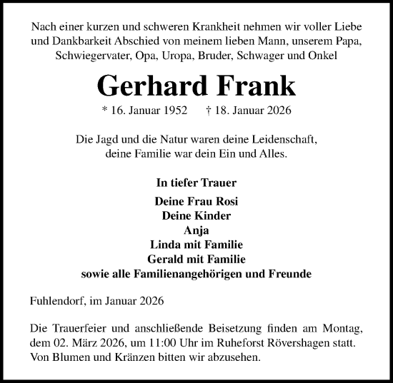 Traueranzeige von Gerhard Frank von Ostsee-Zeitung GmbH