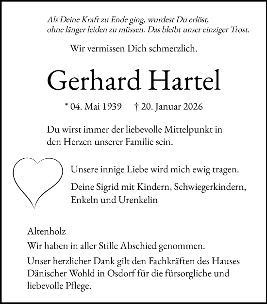 Traueranzeige von Gerhard Hartel von Kieler Nachrichten