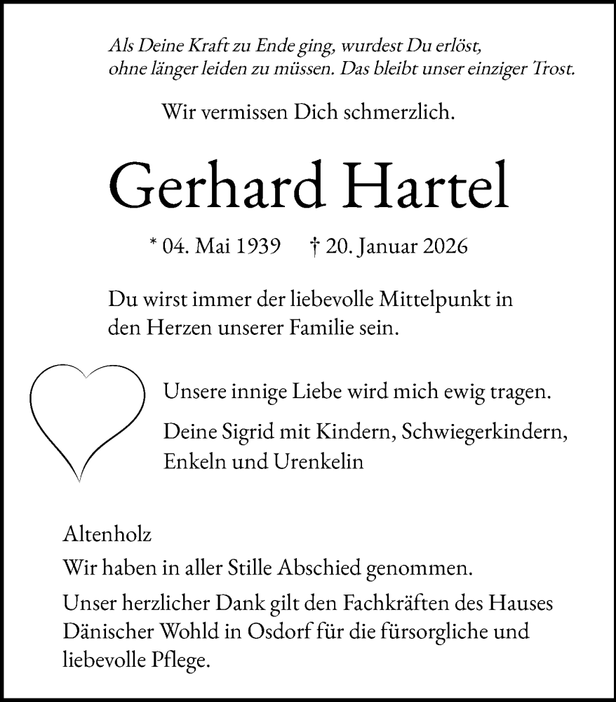  Traueranzeige für Gerhard Hartel vom 14.02.2026 aus Kieler Nachrichten