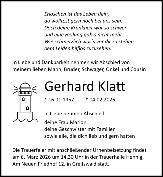 Traueranzeige von Gerhard Klatt von Ostsee-Zeitung GmbH