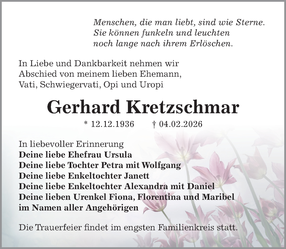  Traueranzeige für Gerhard Kretzschmar vom 14.02.2026 aus Sächsische Zeitung