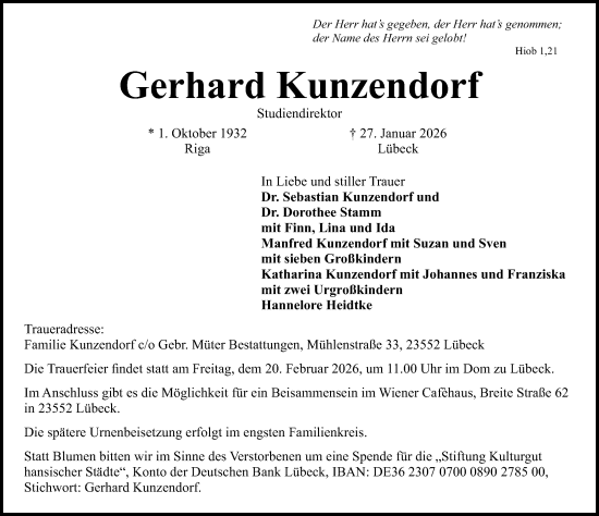 Traueranzeige von Gerhard Kunzendorf von Lübecker Nachrichten