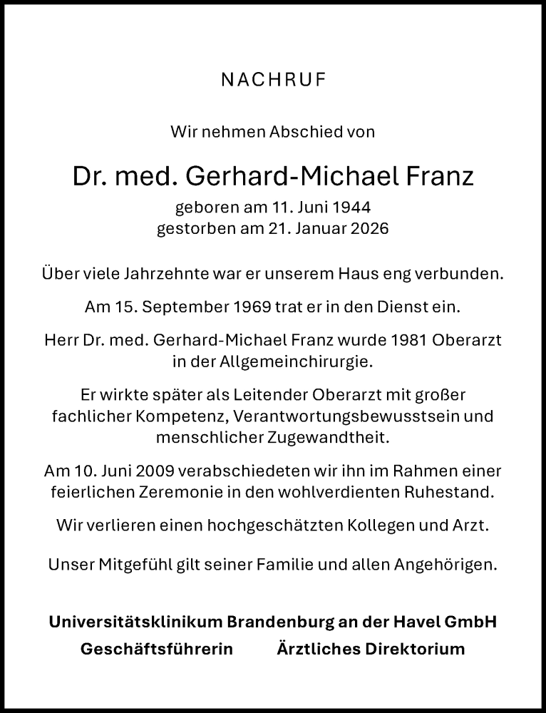  Traueranzeige für Gerhard-Michael Franz vom 07.02.2026 aus Märkischen Allgemeine Zeitung