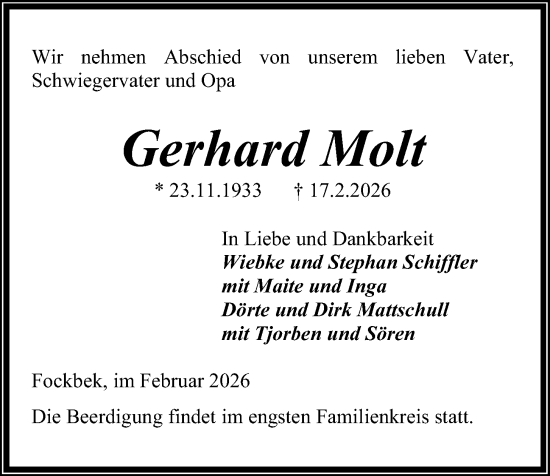 Traueranzeige von Gerhard Molt von Kieler Nachrichten