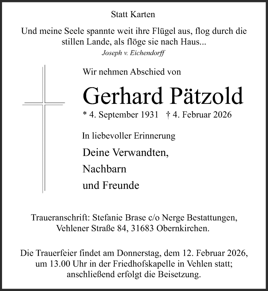  Traueranzeige für Gerhard Pätzold vom 07.02.2026 aus Schaumburger Nachrichten