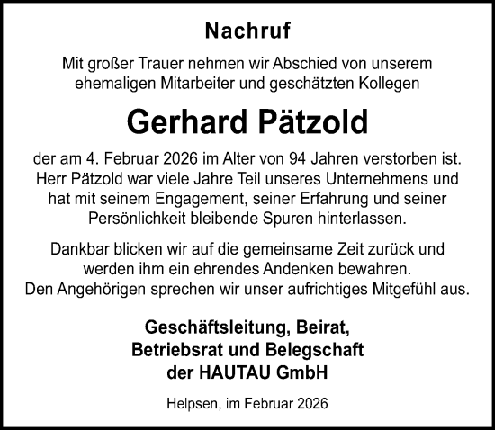 Traueranzeige von Gerhard Pätzold von Schaumburger Nachrichten