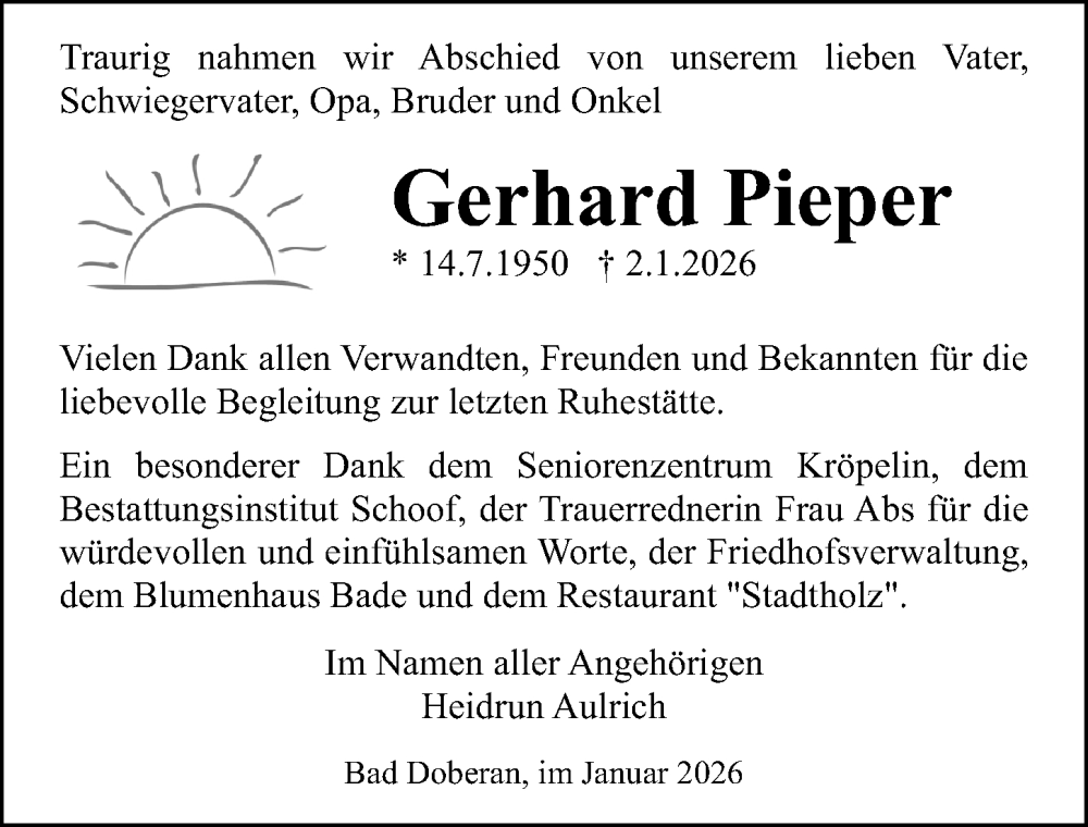  Traueranzeige für Gerhard Pieper vom 07.02.2026 aus Ostsee-Zeitung GmbH
