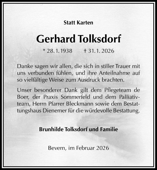 Traueranzeige von Gerhard Tolksdorf von Täglicher Anzeiger Holzminden