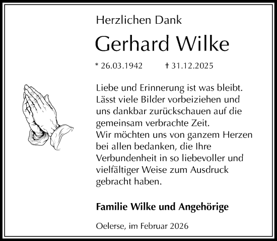 Traueranzeige von Gerhard Wilke von Peiner Allgemeine Zeitung