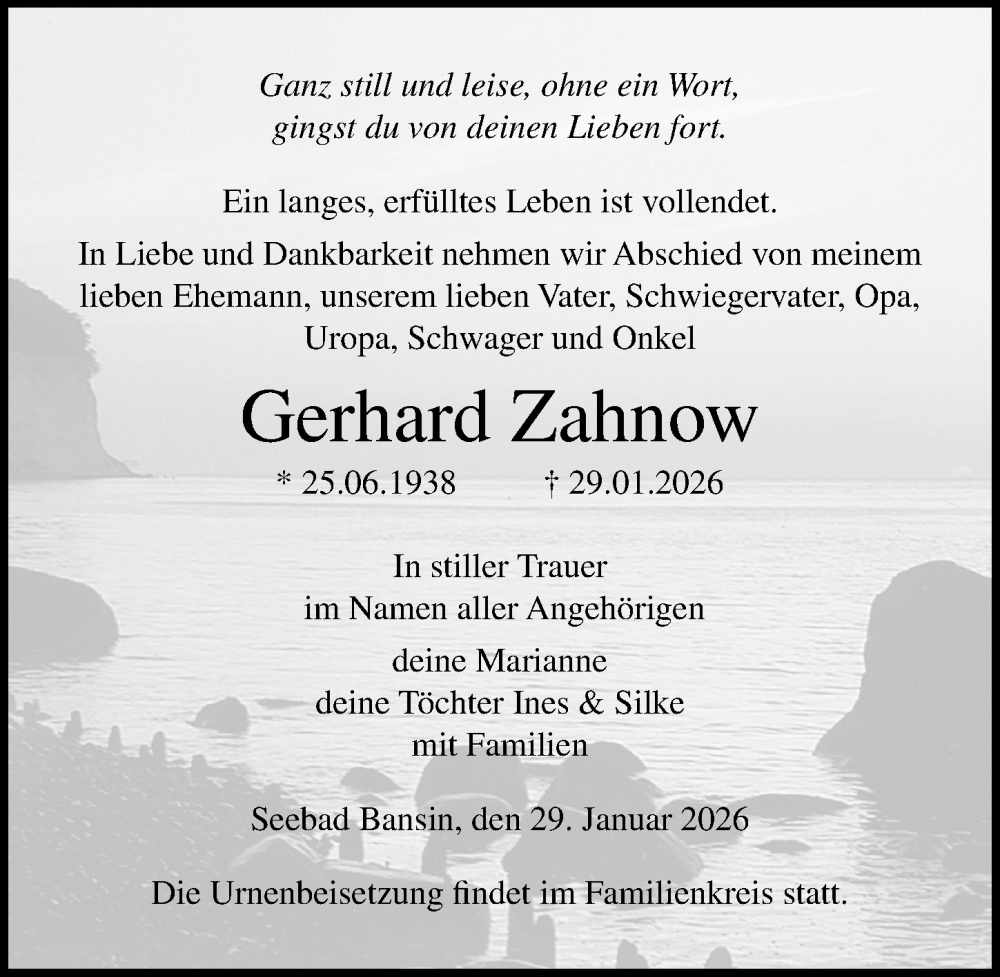  Traueranzeige für Gerhard Zahnow vom 07.02.2026 aus Ostsee-Zeitung GmbH