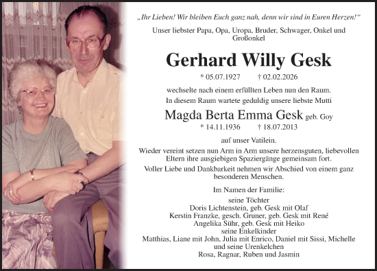 Traueranzeige von Gerhard Willy Gesk von Ostsee-Zeitung GmbH