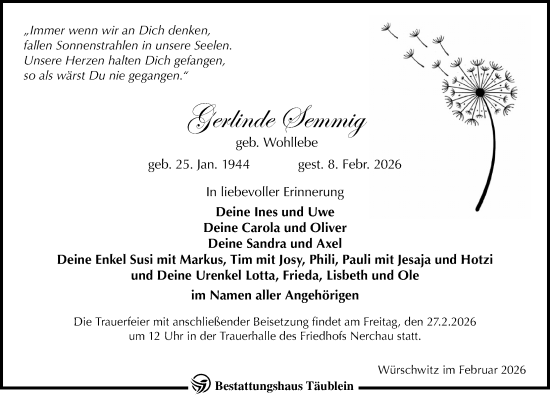 Traueranzeige von Gerlinde Semmig von Leipziger Volkszeitung