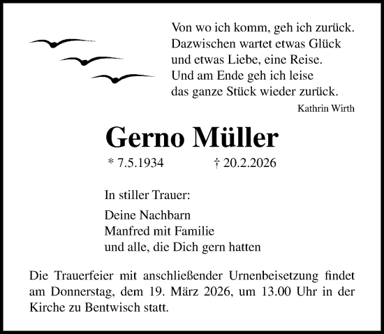 Traueranzeige von Gerno Müller von Ostsee-Zeitung GmbH