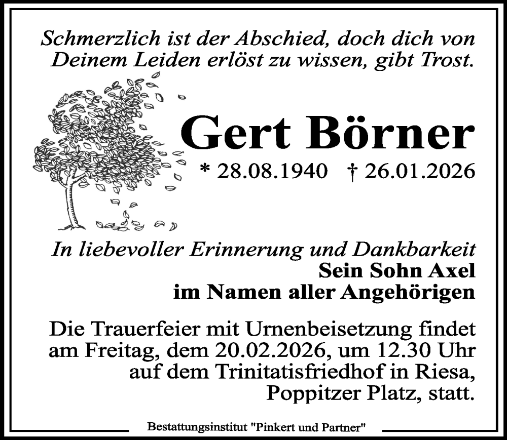  Traueranzeige für Gert Börner vom 07.02.2026 aus Sächsische Zeitung