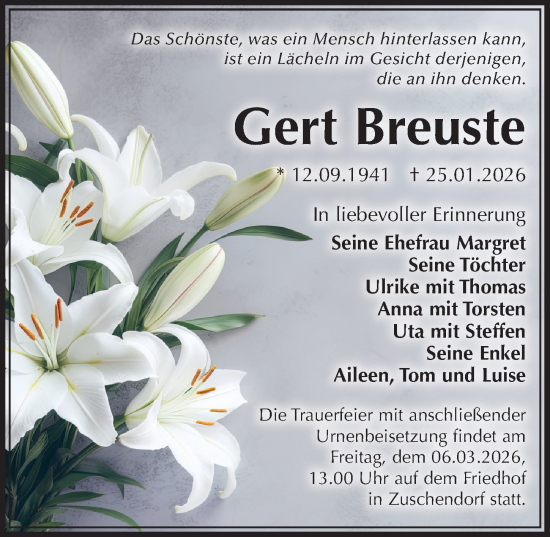Traueranzeige von Gert Breuste von Sächsische Zeitung