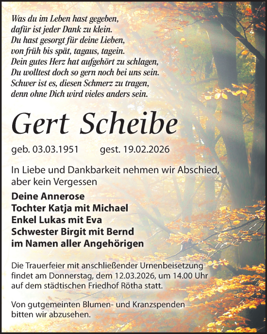 Traueranzeige von Gert Scheibe von Leipziger Volkszeitung