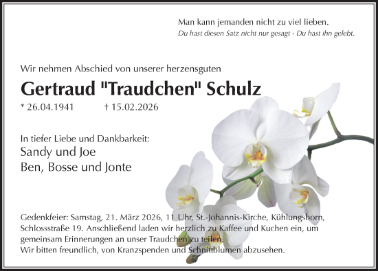 Traueranzeige von Gertraud Schulz von Ostsee-Zeitung GmbH