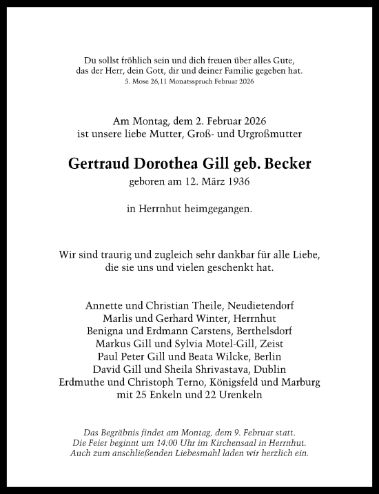Traueranzeige von Gertraud Dorothea Gill von Sächsische Zeitung