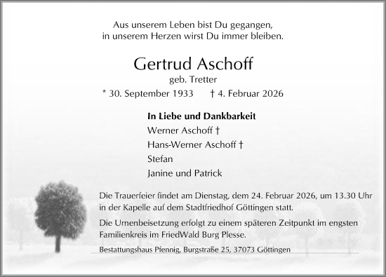 Traueranzeige von Gertrud Aschoff von Göttinger Tageblatt