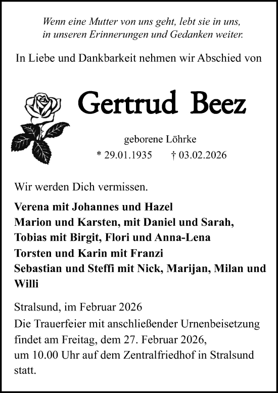 Traueranzeige von Gertrud Beez von Ostsee-Zeitung GmbH