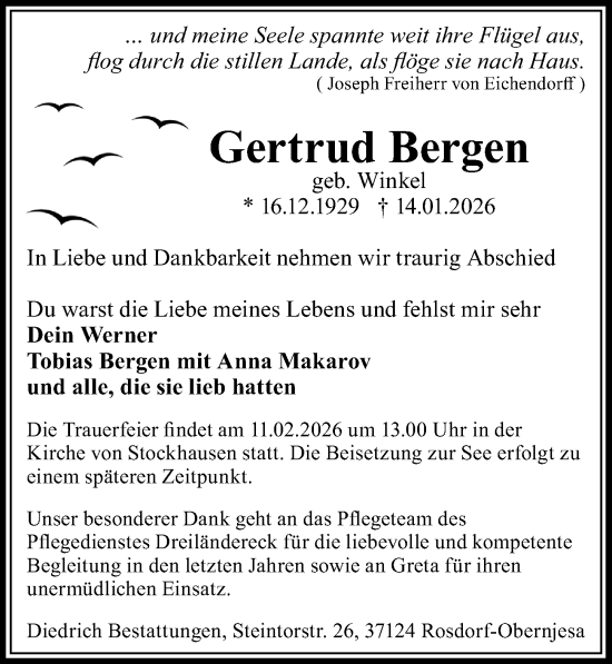 Traueranzeige von Gertrud Bergen von Göttinger Tageblatt