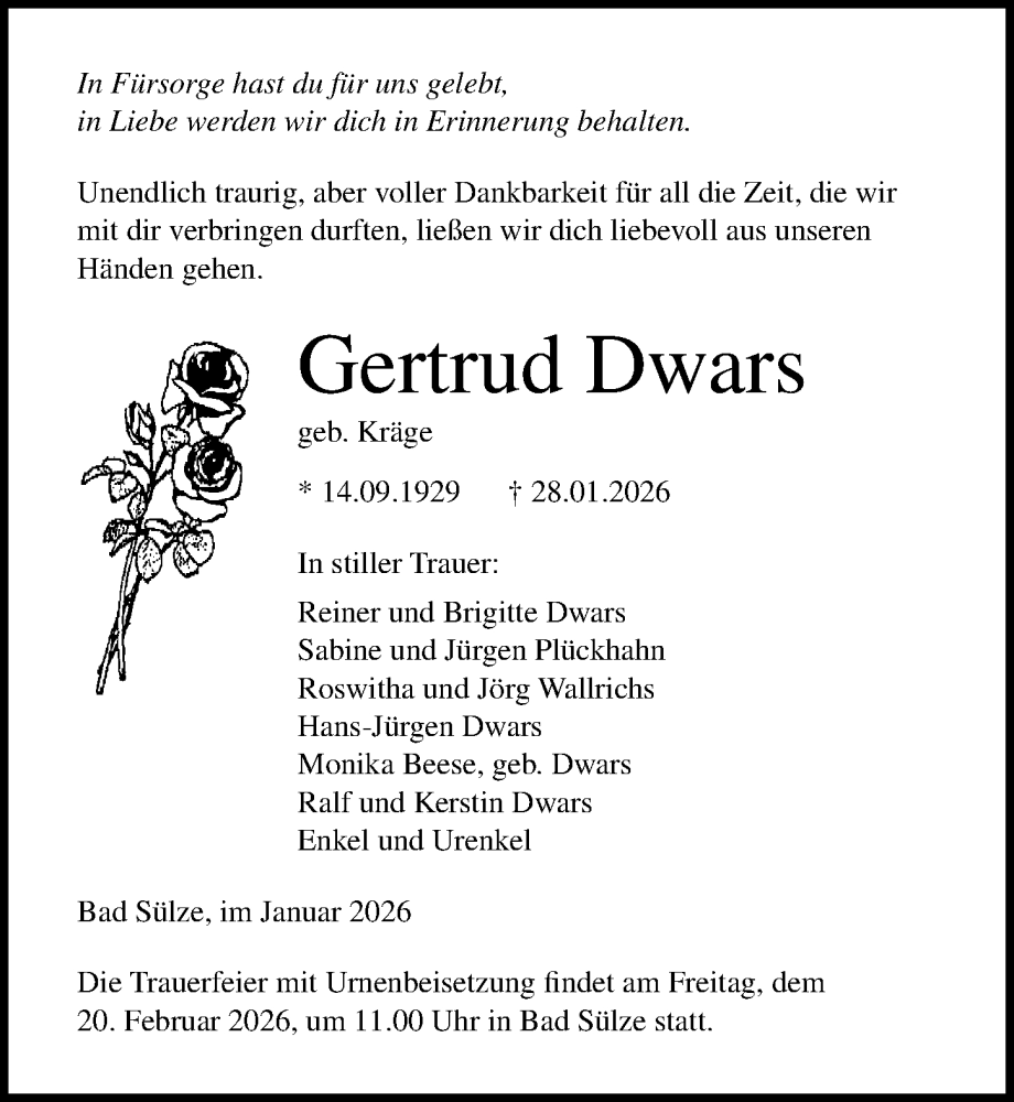  Traueranzeige für Gertrud Dwars vom 07.02.2026 aus Ostsee-Zeitung GmbH