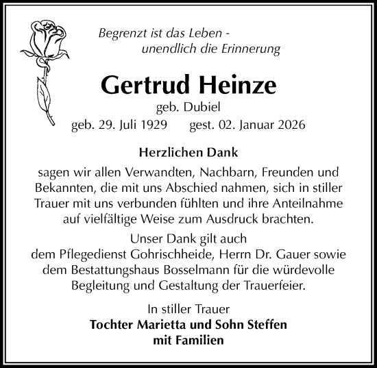 Traueranzeige von Gertrud Heinze von Sächsische Zeitung