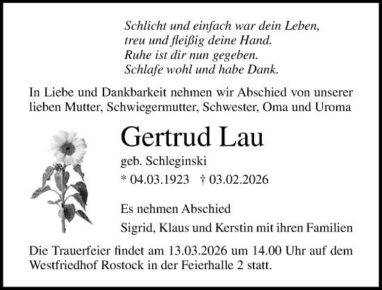 Traueranzeige von Gertrud Lau von Ostsee-Zeitung GmbH