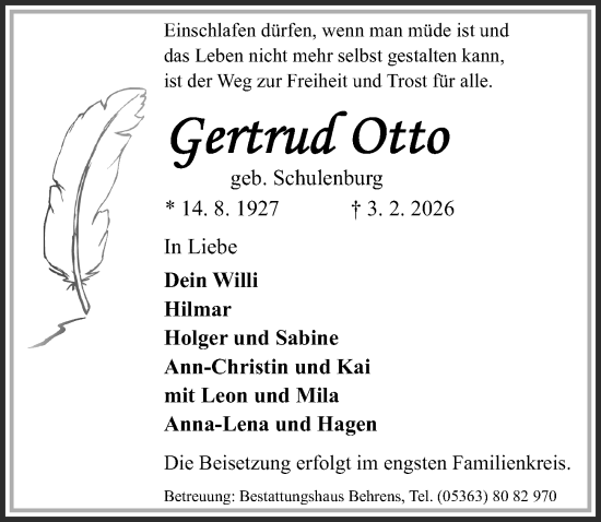 Traueranzeige von Gertrud Otto von Aller Zeitung