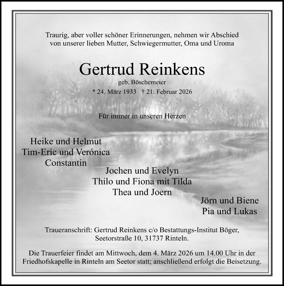  Traueranzeige für Gertrud Reinkens vom 28.02.2026 aus Schaumburger Nachrichten und Schaumburger Zeitung/ Landes-Zeitung