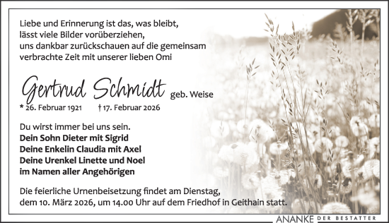 Traueranzeige von Gertrud Schmidt von Leipziger Volkszeitung