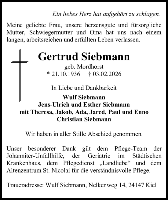 Traueranzeige von Gertrud Siebmann von Kieler Nachrichten