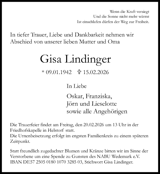 Traueranzeige von Gisa Lindinger von Hannoversche Allgemeine Zeitung/Neue Presse