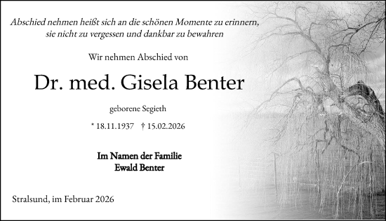 Traueranzeige von Gisela Benter von Ostsee-Zeitung GmbH