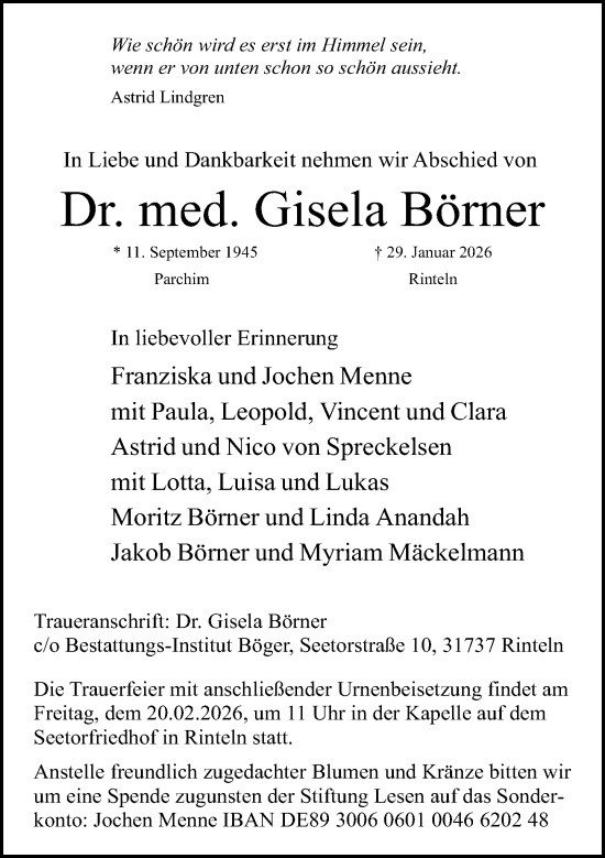 Traueranzeige von Gisela Börner von Schaumburger Nachrichten und Schaumburger Zeitung/ Landes-Zeitung