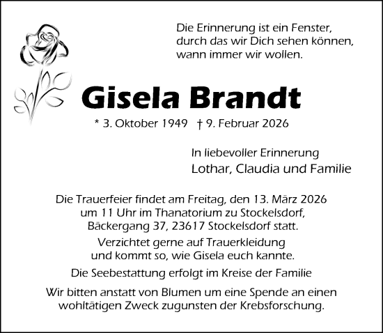 Traueranzeige von Gisela Brandt von Lübecker Nachrichten