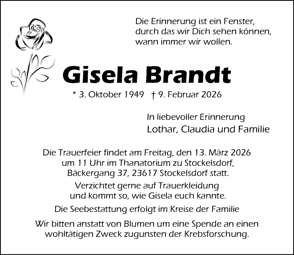  Traueranzeige für Gisela Brandt vom 15.02.2026 aus Lübecker Nachrichten