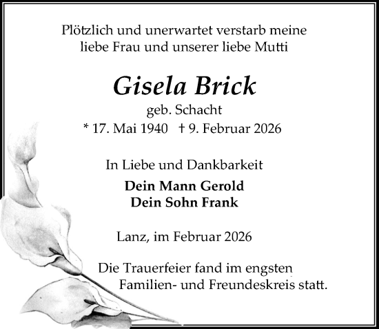 Traueranzeige von Gisela Brick von Wochenspiegel