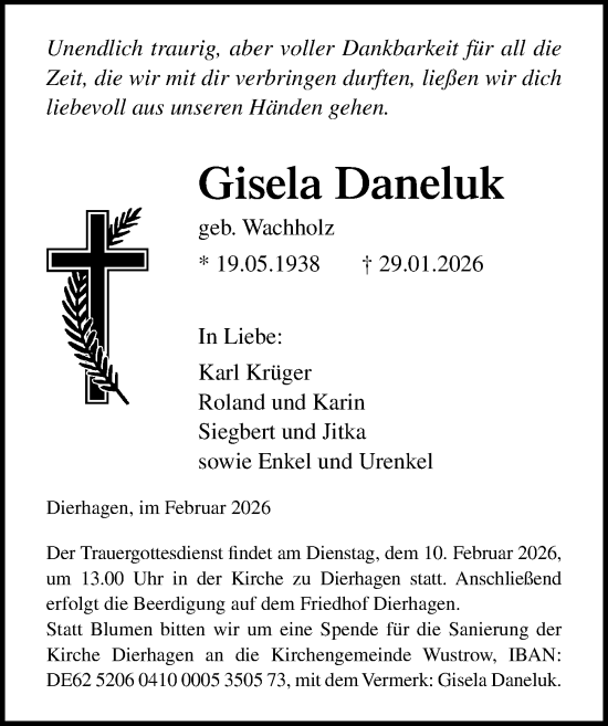 Traueranzeige von Gisela Daneluk von Ostsee-Zeitung GmbH