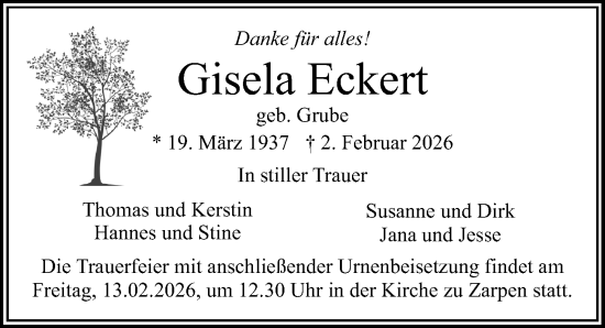 Traueranzeige von Gisela Eckert von Lübecker Nachrichten
