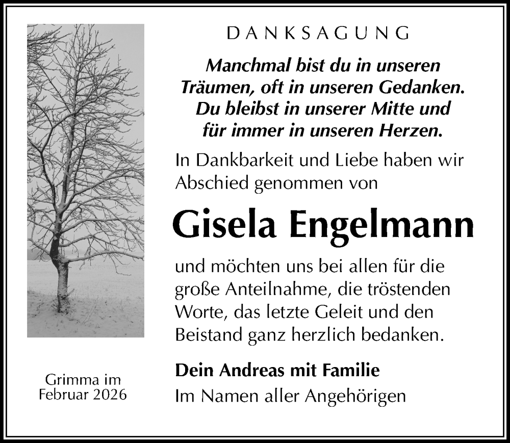  Traueranzeige für Gisela Engelmann vom 14.02.2026 aus Leipziger Volkszeitung