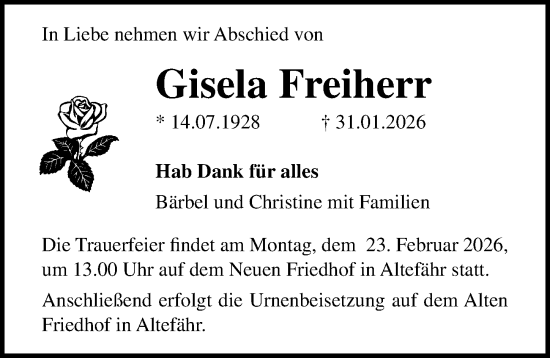 Traueranzeige von Gisela Freiherr von Ostsee-Zeitung GmbH