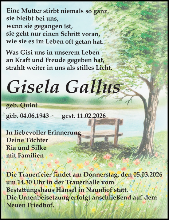 Traueranzeige von Gisela Gallus von Leipziger Volkszeitung