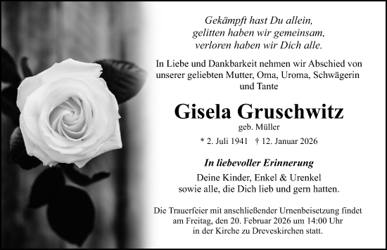 Traueranzeige von Gisela Gruschwitz von Ostsee-Zeitung GmbH