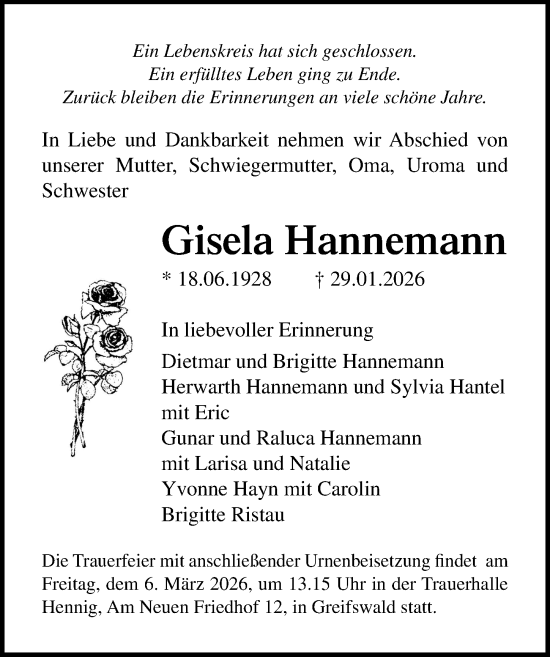 Traueranzeige von Gisela Hannemann von Ostsee-Zeitung GmbH
