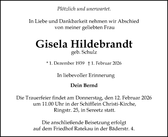 Traueranzeige von Gisela Hildebrandt von Lübecker Nachrichten