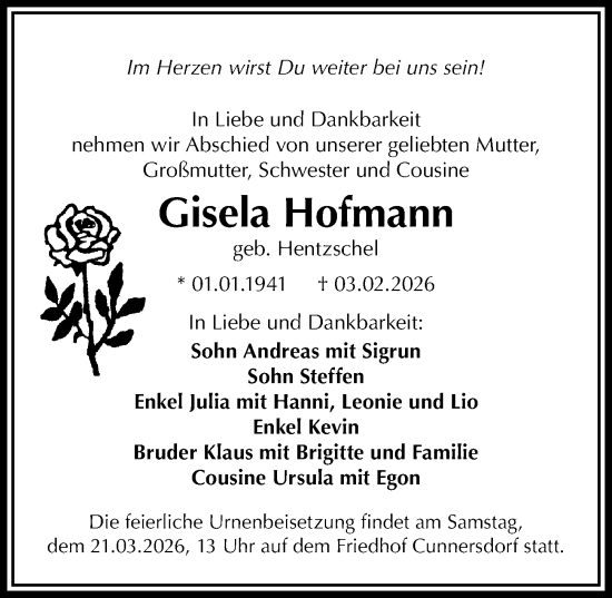 Traueranzeige von Gisela Hofmann von Sächsische Zeitung