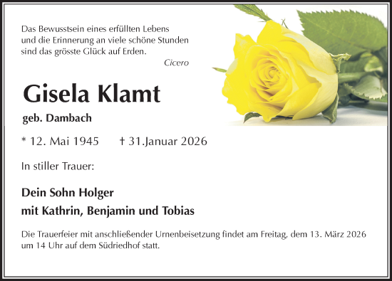 Traueranzeige von Gisela Klamt von Leipziger Volkszeitung